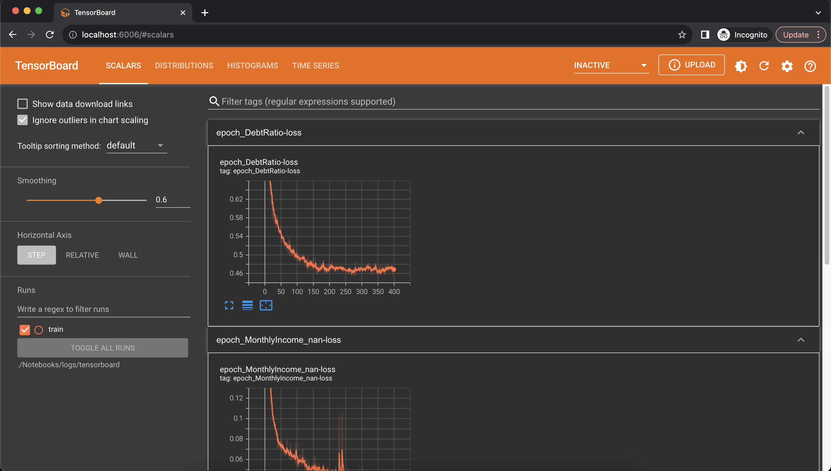 Tensorboard homepage displaying logs from single Synthesized SDK training run on demo dataset