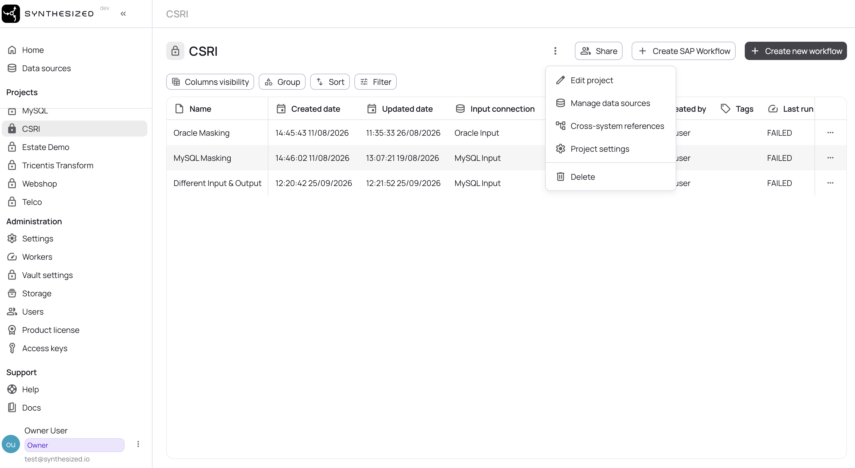 The project’s actions menu with Cross-system references highlighted.