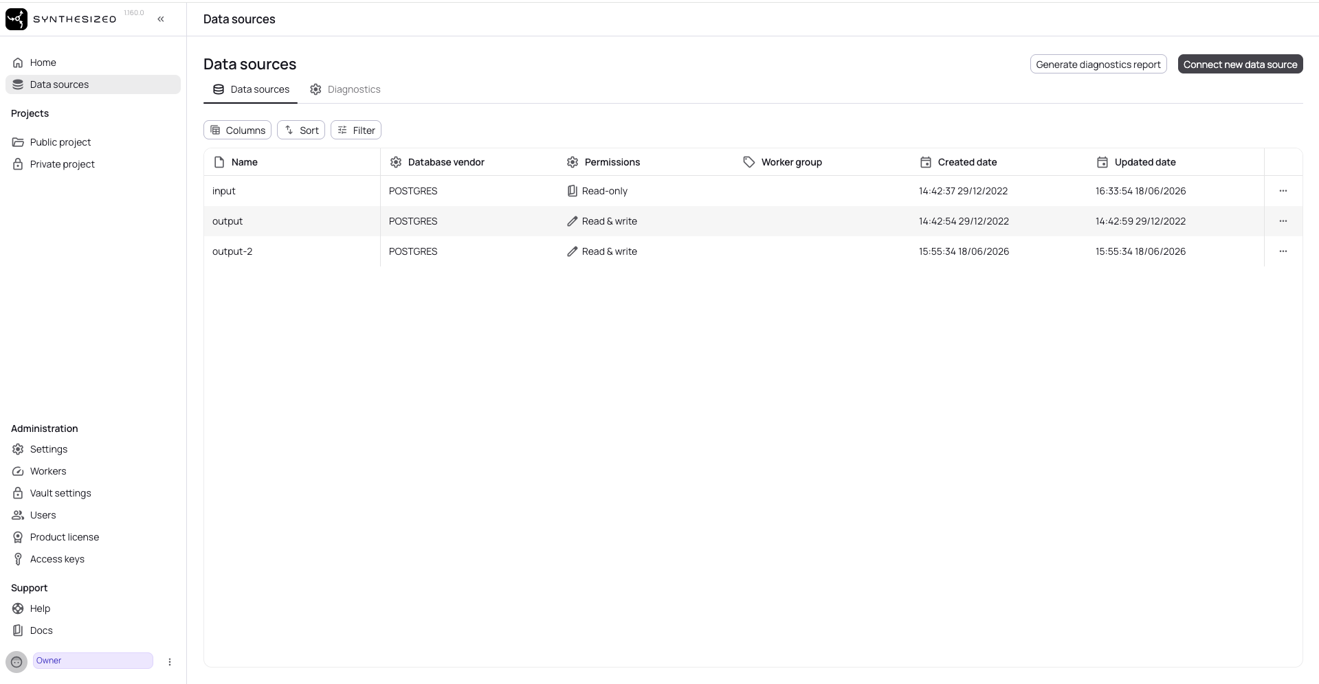Data sources page showing input